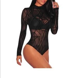 Black Sheer mesh long sleeve lace bodysuit Size L